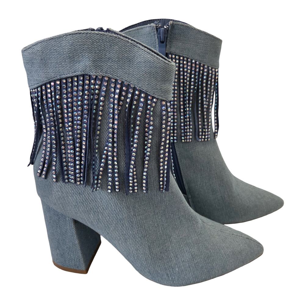 Top Moda 7.5 Denim Chambray Fringe Rhinestone Heel Ankle Booties Western Cowgirl